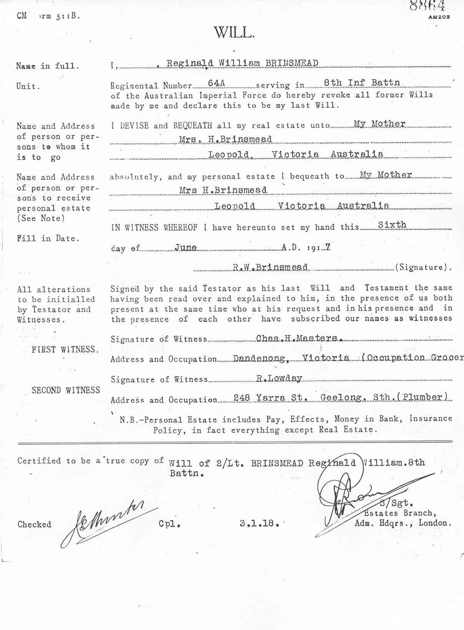 Reg Brinsmead's Will