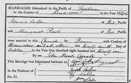 Marriage entry for Ed Cullen and Margaret Prest