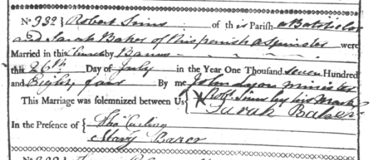 Marriage Certificate Robert Sims and Sarah Baker