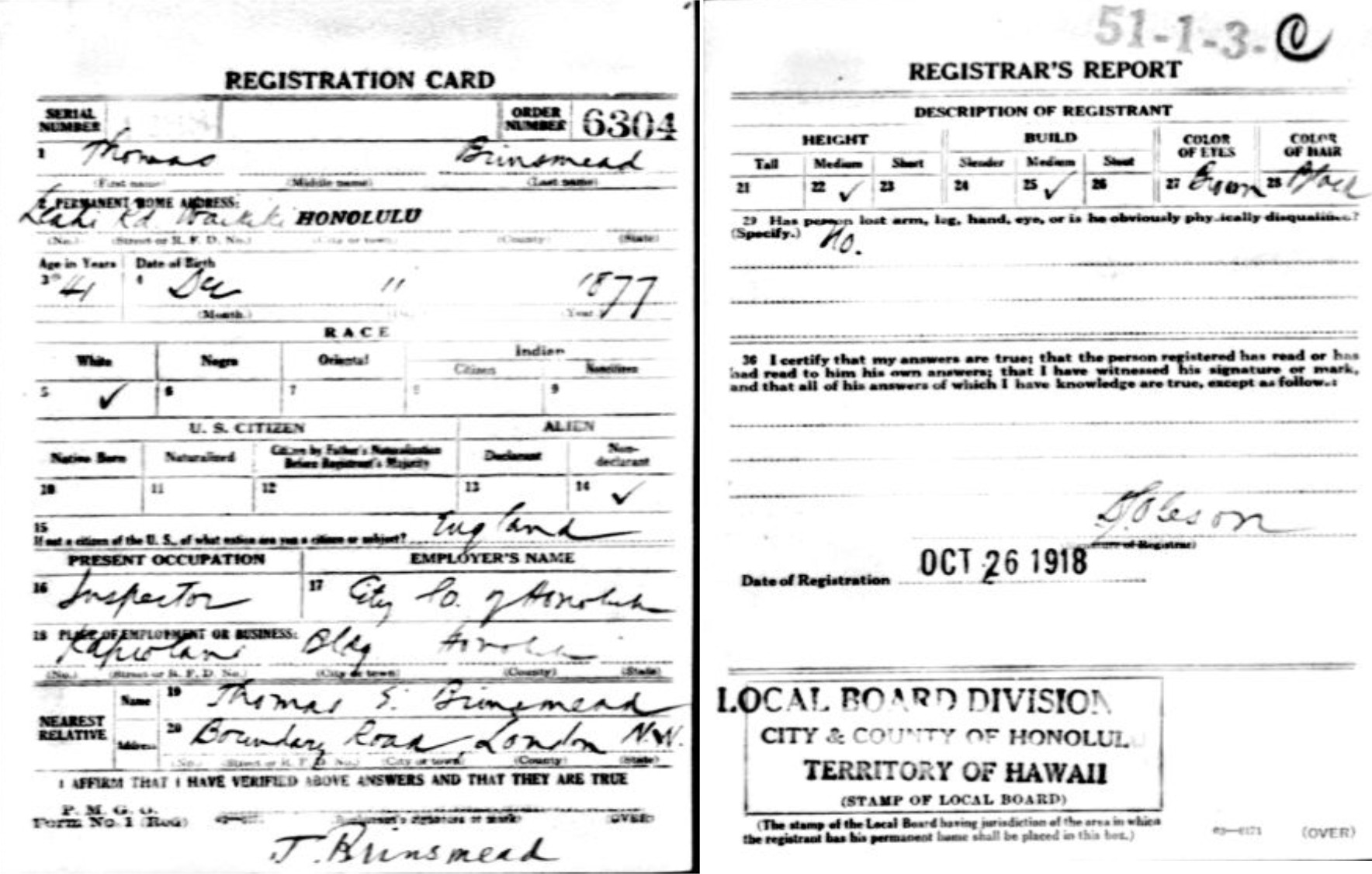 Thomas Brinsmead WWI draft registration